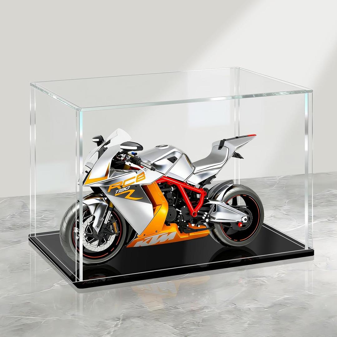 LANSCOERY Acrylic Display Case, 8x6x6 in, Upgraded Thickened UV-Resistant Showcase, 98% Clarity Dustproof Box with Glossy Black Base for Action Figures, LEGO & Models, Includes Scraper & LED Light