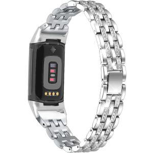 Bling Bands Compatible with Fitbit Charge 6/Charge 5, Metal Bracelet Luxurious Rhinestone Replacement Wristband for Women, Silver Black Gold