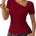 ZESICA Women’s Spring Asymmetrical Short Sleeve Tops 2026 Summer Ruched Fitted Going Out Shirts Fashion Vacation Clothes Wine Medium