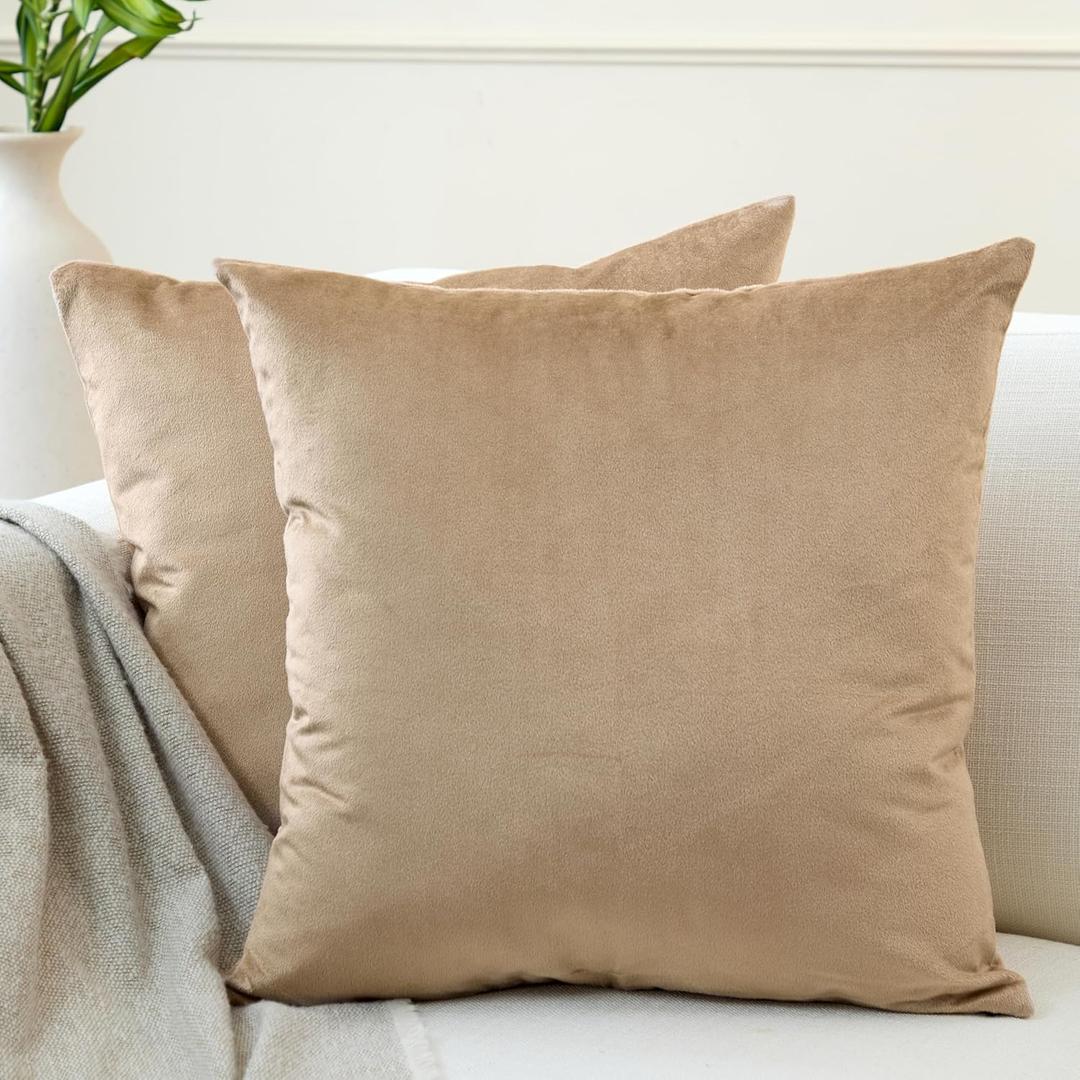Encasa XO Velvet Throw Pillow Covers 18x18 in (45x45 cm) - Beige - No Inserts, Pack of 2 Cases | Solid Plain Dyed Soft & Smooth, Square Decorative Cushion Covers for Living & Bedroom