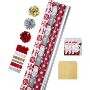 LaRibbons Christmas Wrapping Paper Set, Classic Santa Face & Plaid Design with Gift Bow & Ribbons & Tags, Perfect for Christmas, Holiday, Winter Party, Xmas, 30 Inch X 10 Feet (4Rolls, 100 sq.ft.ttl.)