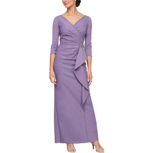 Alex Evenings Women's Slimming Long Length ¾ Sleeve Mother of The Bride Dress with Cascade Ruffle Skirt and Side Ruching (Purple, L)