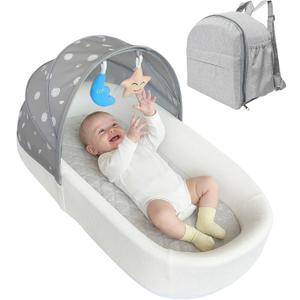 Portable Newborn Nest Lounger with Canopy & Mosquito Net-Lightweight Foldable Newborn Play Support & pad and Washable Cover, Indoor-Outdoor Use (Grey)