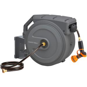 Giraffe Tools Retractable Hose Reel 1/2 in x130 FT PRO Metal Bracket Wall Mounted Heavy Duty Hose Reel with 9 Pattern Nozzle 180 Deg Swivel, Metal Bracket Any Length Lock (1/2 130FT PRO, Dark Grey)