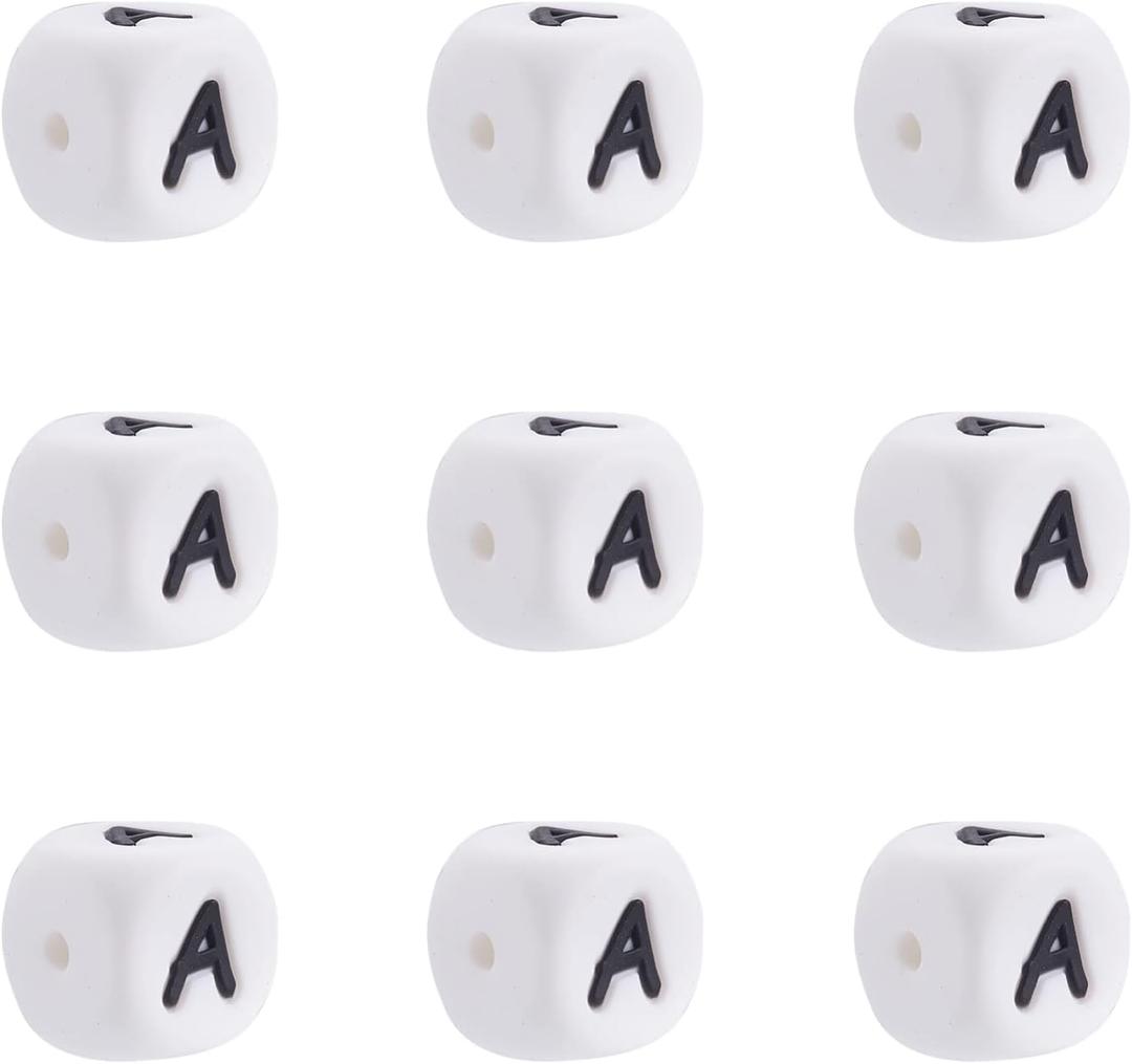 Crafans 100Pcs 12mm Silicone Cube Letter Beads White English Alphabet Letter A Vowel Loose Spacer Beads Initial Cube Dice Beads for Jewelry Making