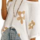 SELINK Flower Crochet Tops for Women Short Sleeve Hollow Out Sweaters Swimsuit Cover Ups Lightweight Knit Pullover, L