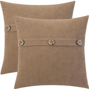 HWY 50 Taupe Chenille Throw Pillow Covers 18x18 Inch with Triple Buttons, Soft Farmhouse Accent Decorative Cushion Cases for Couch Sofa Bed Living Room Pack of 2