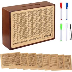 10000 Savings Challenge Box Wooden Money Saving Box Cash Vault Piggy Bank for Adults Kids One Piece Reusable Coin Bank with 8 Saving Targets/Dry Erase Pen/Tweezers