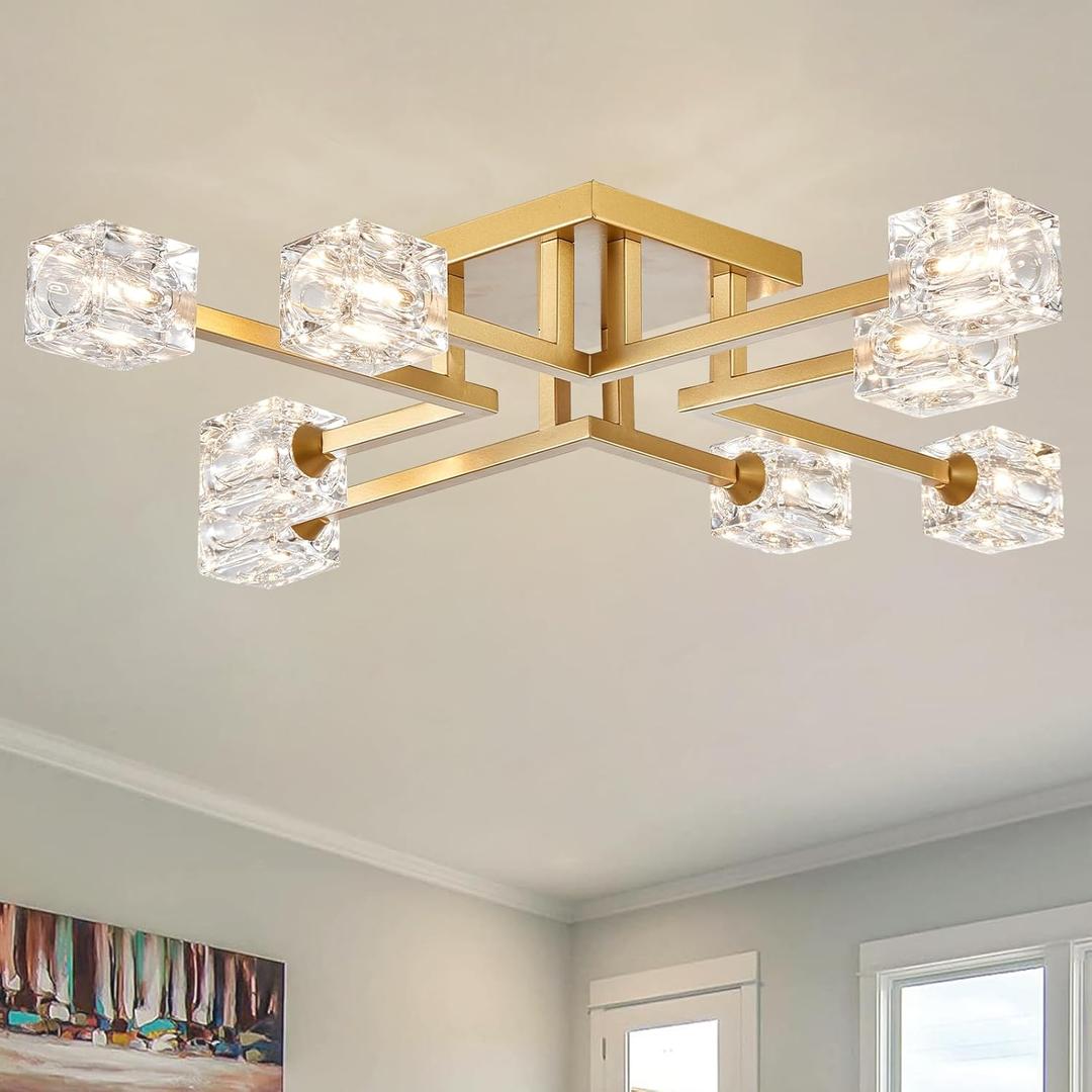8-Light Gold Sputnik Chandelier Semi Flush Mount Ceiling Light Fixture, Modern Farmhouse Chandeliers for Dining Room Bedroom Kitchen Hallway Office Living Room, 32"