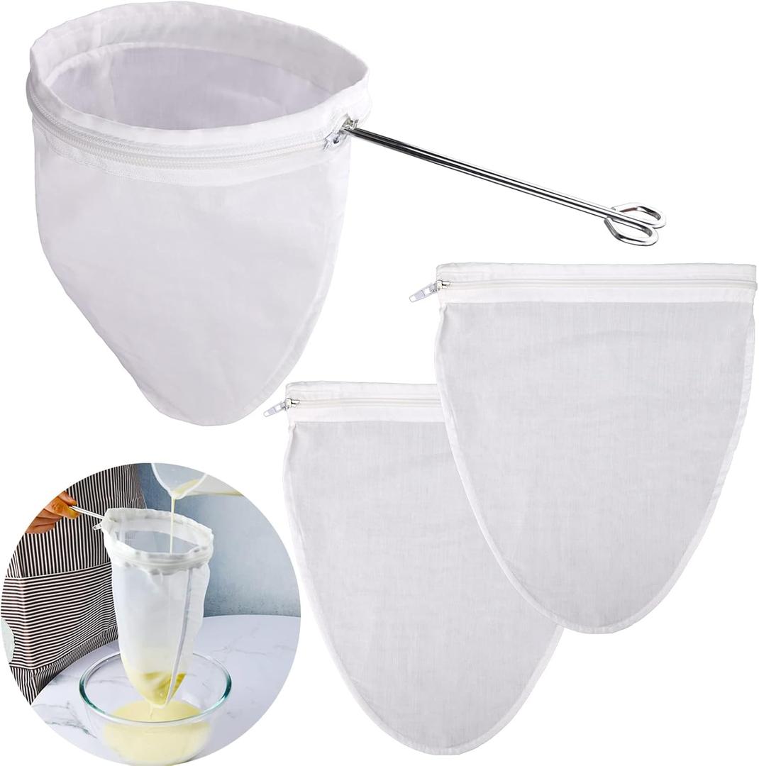 WMKGG Ultra Fine Reusable Filter Bags with Stainless Steel Handle for Nut Milk, Coffee, Milk, Butter, Juices and Fresh Cheese (Medium Size)
