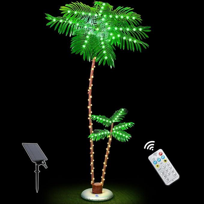 OUSHENG 7' Solar Lighted Palm Trees for Outside Patio, Bar Pool Deck Outdoor Decorations Decor, Light Up LED Artificial Fake Tree Lights for Yard Tropical Party Christmas