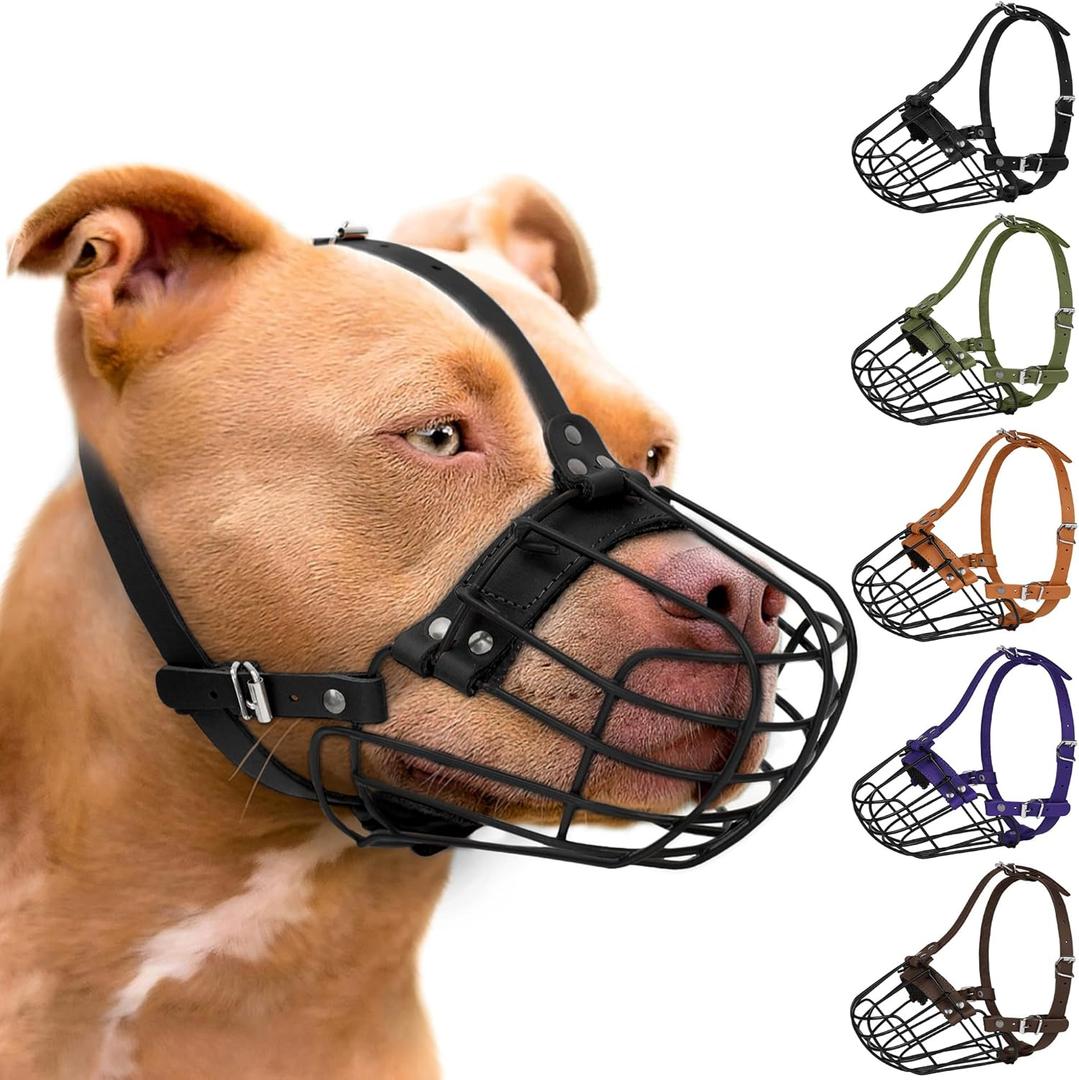 Pitbull Dog Muzzle Breathable metai Baskenfo
Large Dogs Amstaff Staffordshire Terrier Secure Wire Mask Adjustable Durable Leather Straps Biting Chewing Barking (Black)