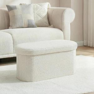 30 Inches Oval Ottoman with Storage, Boucle Sherpa Storage Ottoman Bench, Folding Foot Rest Chest for Bedroom Living Room, 30.1"D x 15"W x 15"H