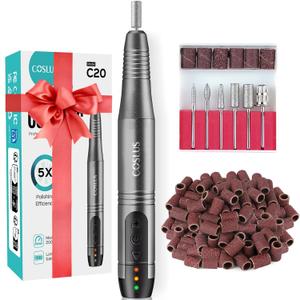 COSLUS Cordless Nail Drill Electric File: Professional for Acrylic Gel Dip Powder Nails Portable Nail Drill Machine Kit for Manicure Pedicure Nail Set with Everything Rechargeable Lightweight (Grey)