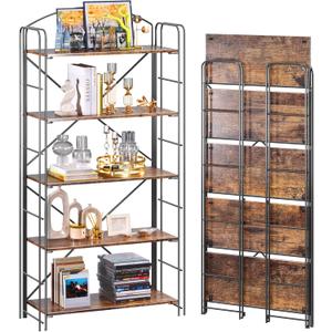 UDD Folding Bookshelf No Assembly, 54.1"H x 23.7"W, 5 Shelf Foldable Bookcase Industrial Collapsible Bookshelves, Open Storage Book Shelves for Small Spaces Home Office Living Room, Rustic Brown Black
