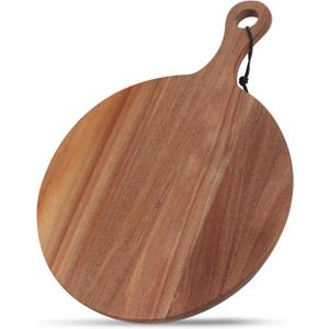 Acacia Wood Round Cutting Board with Handle Wooden Charcuterie Board Wood Pizza Peel, Decorative Serving Board and Platter for Cheese, Bread, Fruits, Vegetables, Kitchen Chopping, Food Prep16.3" x 12"