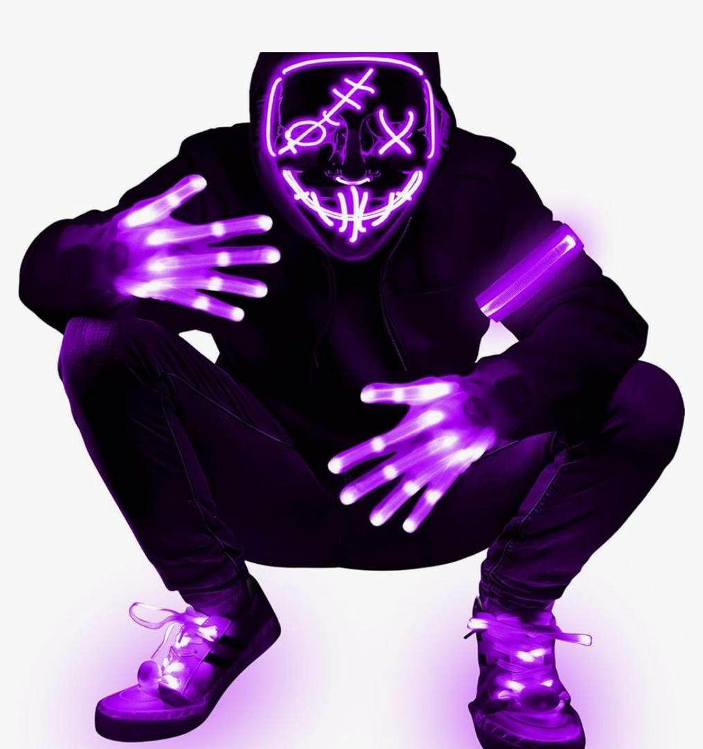 4 Set Halloween LED Mask Light Up Gloves Shoelaces Armbands Light Up Scary Mask Halloween Costume Cosplay Party for Adult Purple