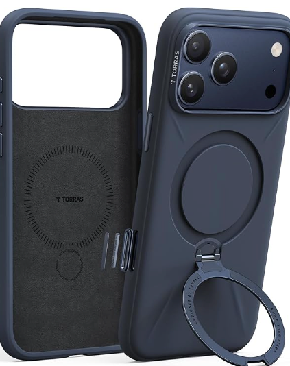 TORRAS Q3 Silicone 360 Spin for iPhone 17 Pro Case with Stand, Fit for MagSafe, Magnetic Ring Kickstand with Camera Control, Liquid Silicone Rubber Soft Phone Case for iPhone 17 Pro 6.3'', Deep Blue