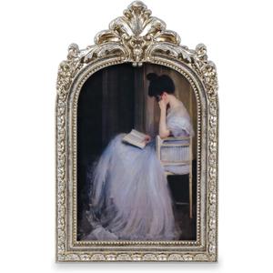 Cuspin Vintage 4x6 Picture Frame Silver, Ornate Arched Resin Photo Frame with Glass Front, Elegant Decorative Frames for Wall Hanging or Tabletop Display, Home Office Wedding Decor