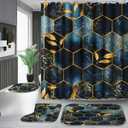 Poedist 4 Pcs Bathroom Shower Curtain Set,Bathroom Sets with Rugs(Bath Mat,U Shape and Toilet Lid Cover Mat) and 12 Hooks,Black and Blue Honeycomb Marble