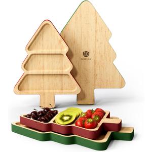Dofira Serving Platters Set of 2, Wooden Christmas Tree Shaped Serving Trays, Charcuterie Board for Snacks Cheese Desserts Appetizers, Decorative Serving Dishes with Gift Box (7.510in & 912in)