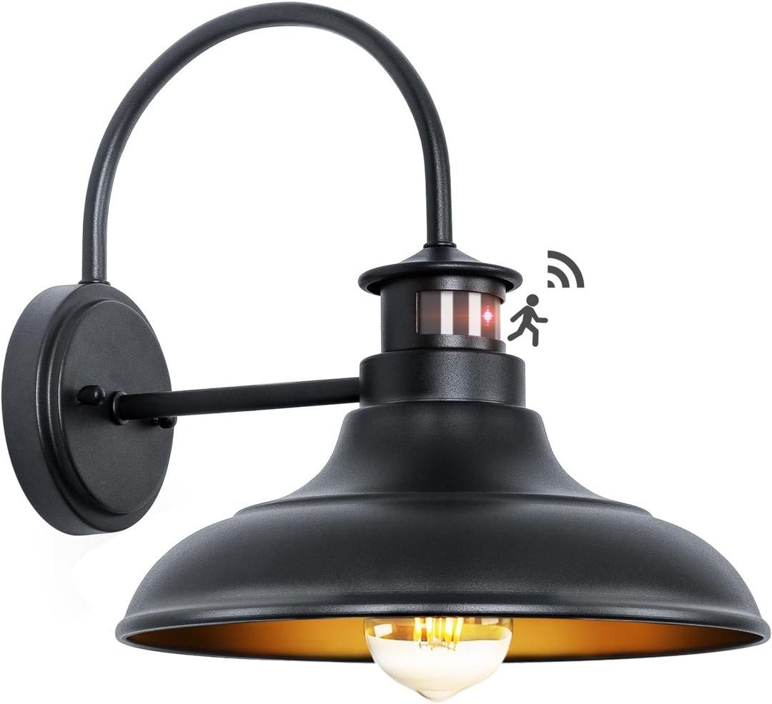 Motion Sensor Outdoor Barn Lights - Dusk to Dawn Farmhouse Gooseneck Barn Light, 12" Large Black Porch Light Fixture Wall Mount, Exterior Wall Lighting Fixture for Garage Patio Doorway, 1 Pack