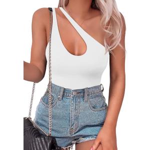 SAUNGKUAI Women's Sexy One Shoulder Sleeveless Cutout Thong Bodysuit Tank Top Body Suits V Backless Tummy Control Shapewear S