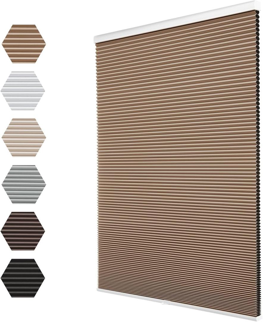 Changshade Blackout Cordless Cellular Shades for Windows,Honeycomb Blinds with Thermal Insulation,UV Protection,Child Safe,Privacy Light Control,Easy to Install（35" W x 72" H,Light Brown）