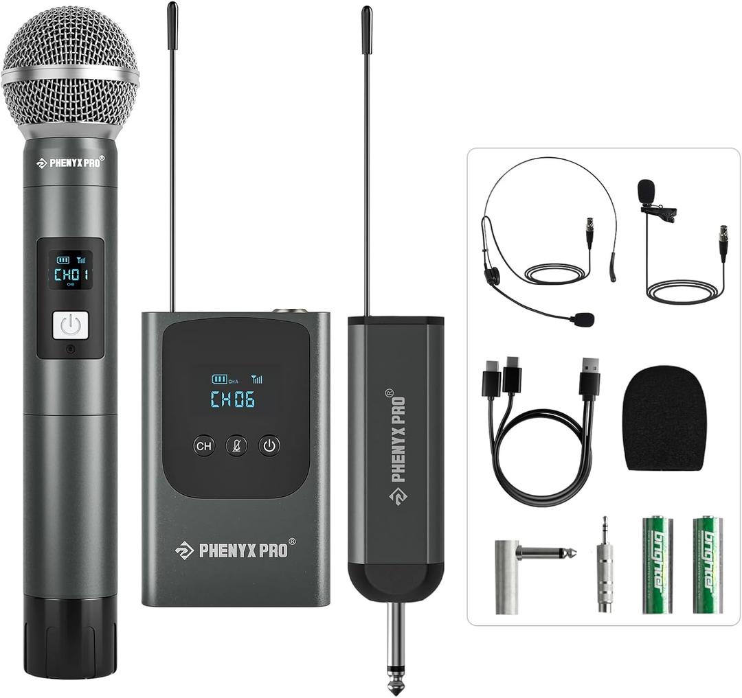 Phenyx Pro Dual Digital Wireless Microphone System, w/Handheld Dynamic Microphone, Bodypack Transmitter, Mini Receiver, 2x15 UHF Frequencies, Headset/Lapel Mic for Singing (PDP21H1B)