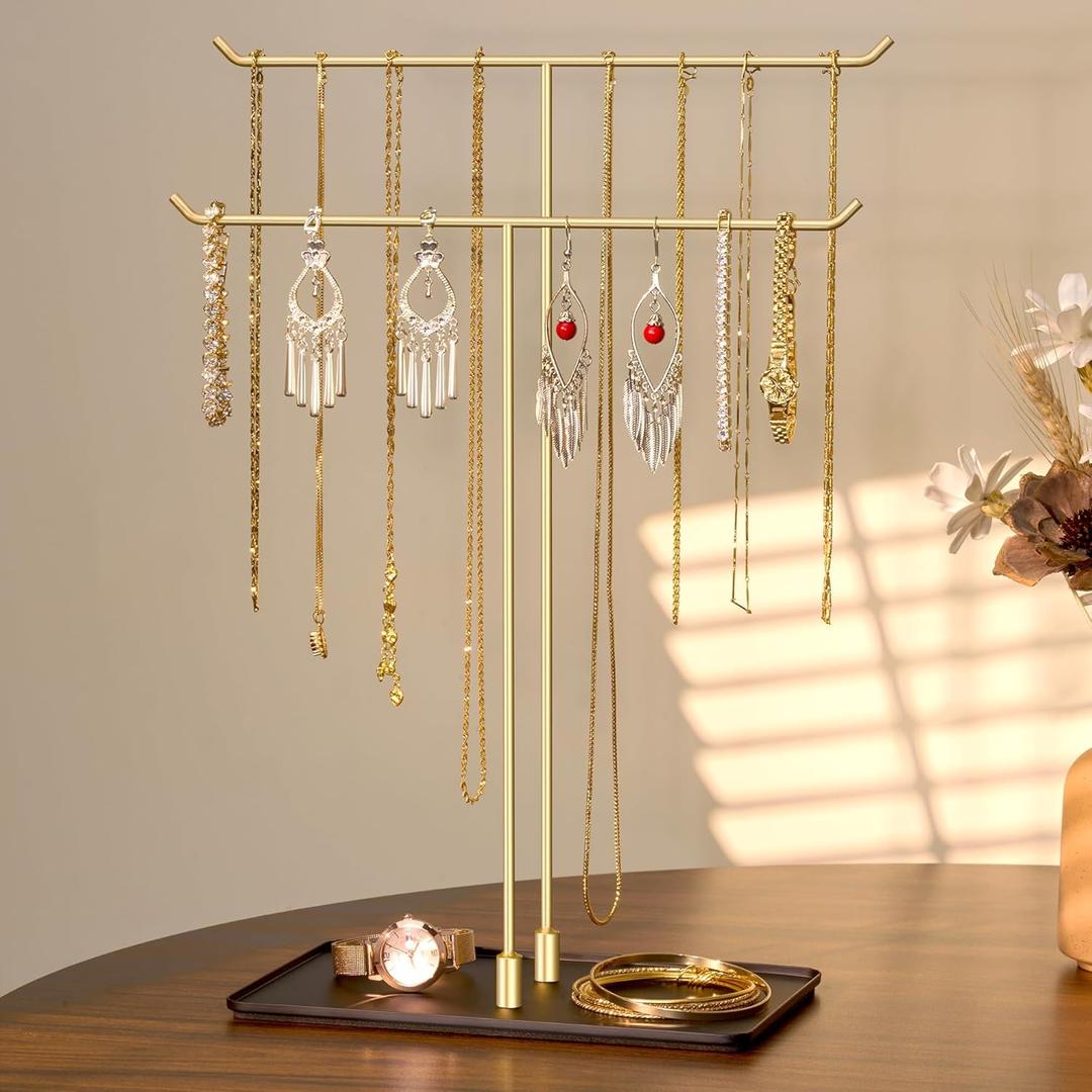 bussdis Necklace Holder Jewelry Stand Organizer for Necklaces and Bracelets, Metal Display Stand, Gift for Women, Ideal for Home, Bedroom, or Vanity, Gold and Black (14.5" Height)