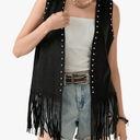 Womens Fringe Vest Sleeveless Open Front Western Jackets Faux Suede Tassel Waistcoat 70s Hippie Vest Outerwear Size 2XL