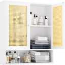 Bathroom Wall Cabinet, Bamboo Over-The-Toilet Storage Organizer with 2 Rattan Doors and Adjustable Shelf, Space Saver Medicine Cabinet for Laundry, Kitchen, Living Room (White)
