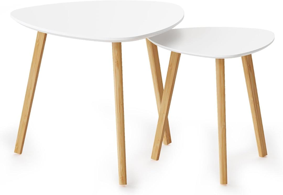 BAMEOS Bamboo Nesting Triangle End Table,Set of 2 Side Table Modern Minimalist Coffee Table for Living Room, Balcony in White