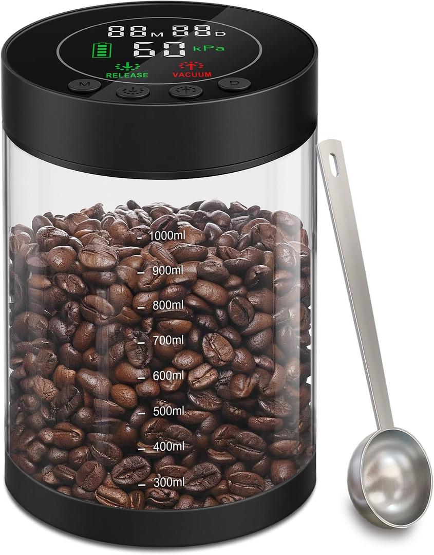 Electric Vacuum Coffee Canister, 1.3L Glass Airtight Food Storage Containers with Smart Pressure Sensor, Automatic Coffee Bean Container Rechargeable with LED Display Window for Kitchen Food Storage
