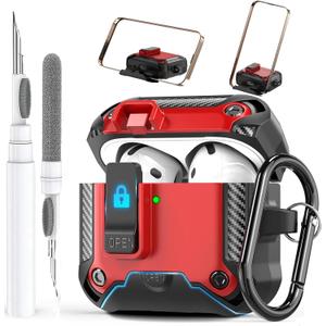 Olytop for Airpods 4 Case with Phone Stand&Lock Clip, Rugged Apple Airpods 4th Generation Cover 2024 Men Women, Armor Shockproof iPod 4 Gen Protective Hard Shell with Carabiner&Cleaner kit, Black/Red