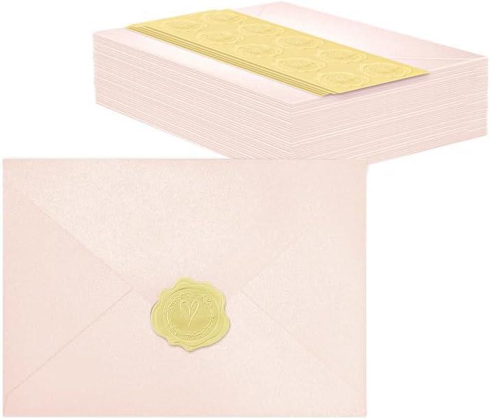 50 PCS Pearl Pink A7 Envelopes with Stickers, Shimmering 5x7 Envelopes for Invitations, Great for Wedding Invitation Cards, Birthday RSVP, Graduation, Baby Shower 5.25 x 7.25 inches