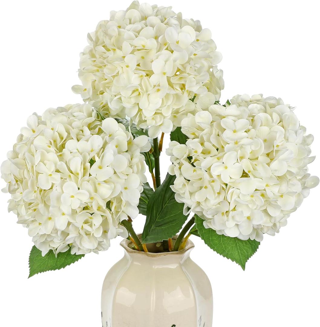DILATATA Large Real Touch Hydrangea Artificial Flowers with Stems, 8" Full Bloom Fresh Touch Faux Hydrangea Bouquet for Vase Decor, Wedding Centerpieces, Home Table Arrangement 25.5 White Hydrangeas