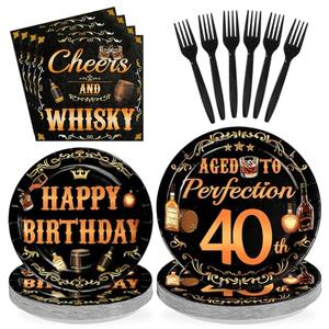 96 Pcs Whiskey 40th Birthday Party Supplies Aged To Perfection 40th Plates and Napkins Disposable Cheers and Whiskey Tableware Set for Men Vintage 40 Years Old Birthday Party Decorations Serves 24
