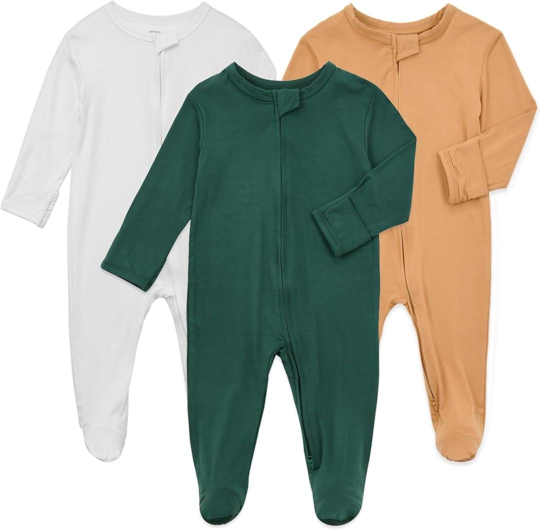Aablexema Baby Pajamas Bamboo Rayon Zipper, 3pcs Unisex Infant Outfit with Mitten One Piece Footie Sleepwear (6-12 Months, White & Khaki Yellow & Green)