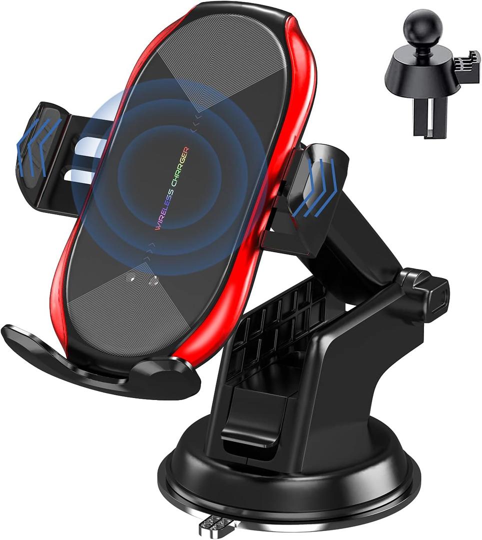 Wireless Car Charger Mount, 15W Qi Fast Charging Auto-Clamping Phone Holder, Vent/Mount Compatible with iPhone 13/12/11/X/8, Samsung S20/S10/Note20/Note10 (Red)
