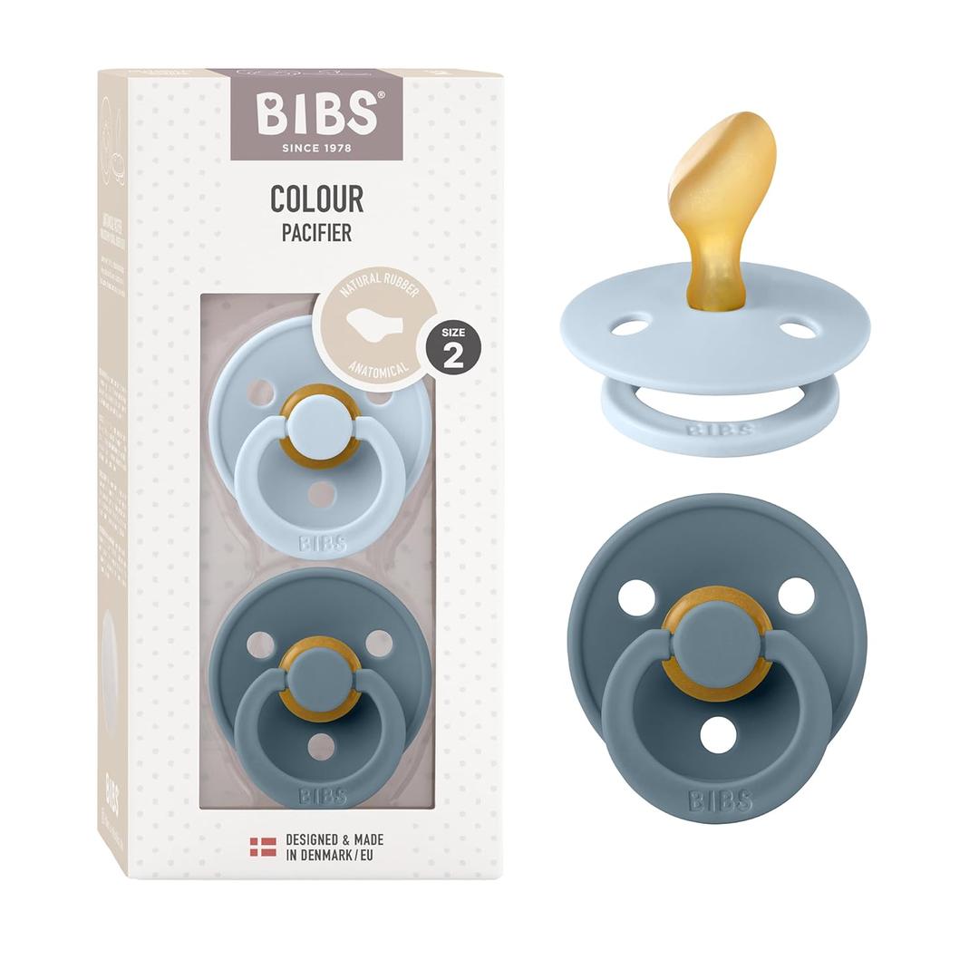 BIBS Pacifiers - Set of 2 | Colour Pacifier with Anatomical Nipple | BPA-Free Natural Rubber | Made in Denmark | Baby Blue / Petrol, 6-18 Months