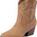 DREAM PAIRS Women's Cowboy Cowgirl Boots Embroidered Stitched Short Western Boots Low Chunky Heel Pointed Toe Ankle Booties (6, Tan)