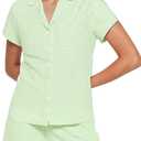 Ammiko Womens Pajamas Set Y2k Loungewear Pajama Button Down Top and Shorts Monkey Beach Short Sleeve Sleepwear Preppy (Small, Green Stripe)