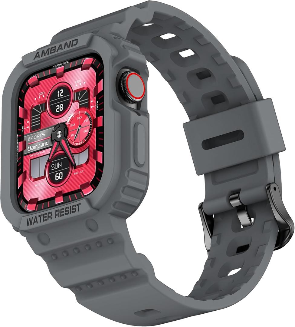 AmBand E1 Sport Case Band for Apple Watch Ultra 3/2/1 & SE 3/2/1 & Series 11 10 9 8 7 6 5 4 3 49mm 46mm 45mm 44mm 42mm 41mm 40mm 38mm, Shockproof & Scratch Resistant Rugged Bumper for Men Women (Space Gray)