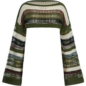 SHENHE Women's Crochet Shrugs Striped Long Bell Sleeve Baggy Knit Sweater Crop Top Fairy Grunge, Green White Multi, M