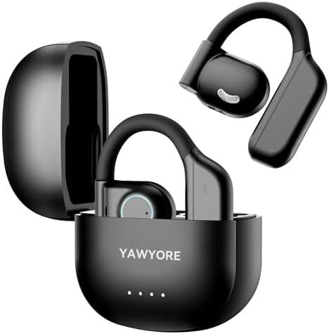 YAWYORE Open Ear Headphones Wireless Bluetooth 5.3 Earbuds with Earhooks Microphone Clear Sound,60H Playtime IPX7 Waterproof, Light Weight Comfortable Fit,Suitable for Running,Workouts(Black)