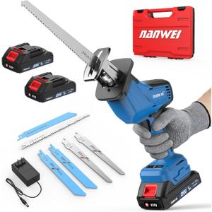 NANWEI Cordless Reciprocating Saw, 20V Brushless Motor 3500RPM Variable Speed, 2×2.0Ah Batteries, Tool-Free Blade Change, LED Light, 6 Blades, Portable for Wood/Metal/PVC Cutting (2.0Ah Batteries)