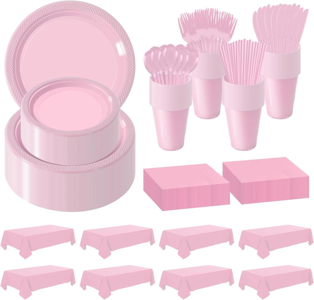 Disposable Plastic Dinnerware Set-968PCS Plastic Plates Set Includes 120 Of Each Dinner  Dessert Plates, Cups, traws, Spoons, Forks & Knives for Party (Pink, 968PCS120 Guests)