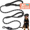 6 Foot Dog Leash, Two Extra Padded Handles, Heavy Duty Dog Leash for Medium to Large Pets, Highly Reflective, Shock-Absorbing No Pull Rope Lead, Durable for Walking, Running, Training Lead - Roam Gear (Black)