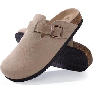 Women's Suede Clogs Soft Cork Footbed Leather Mules Comfort Potato Shoes with Arch Support (7-7.5, Taupe)